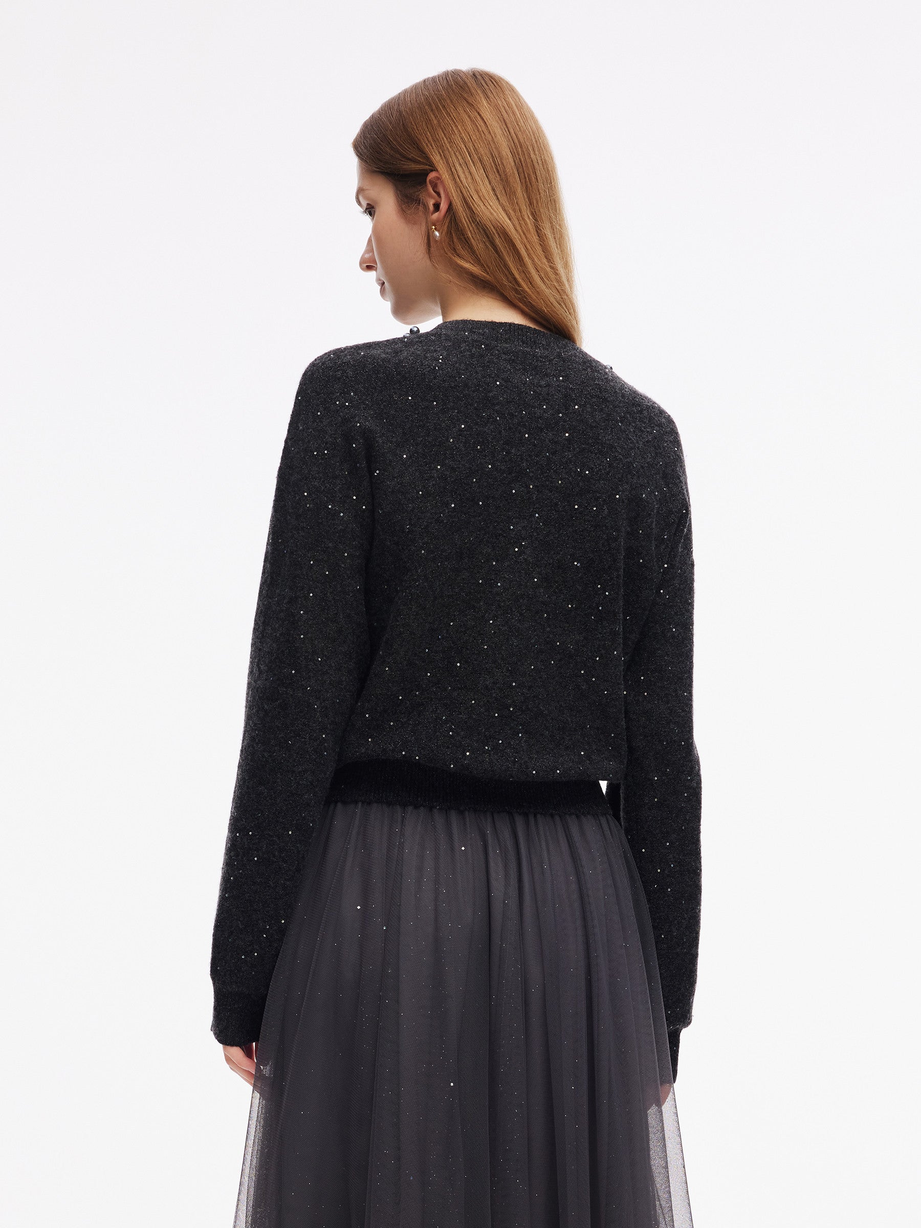 Sequins Beaded Round Neck Women Knit Top