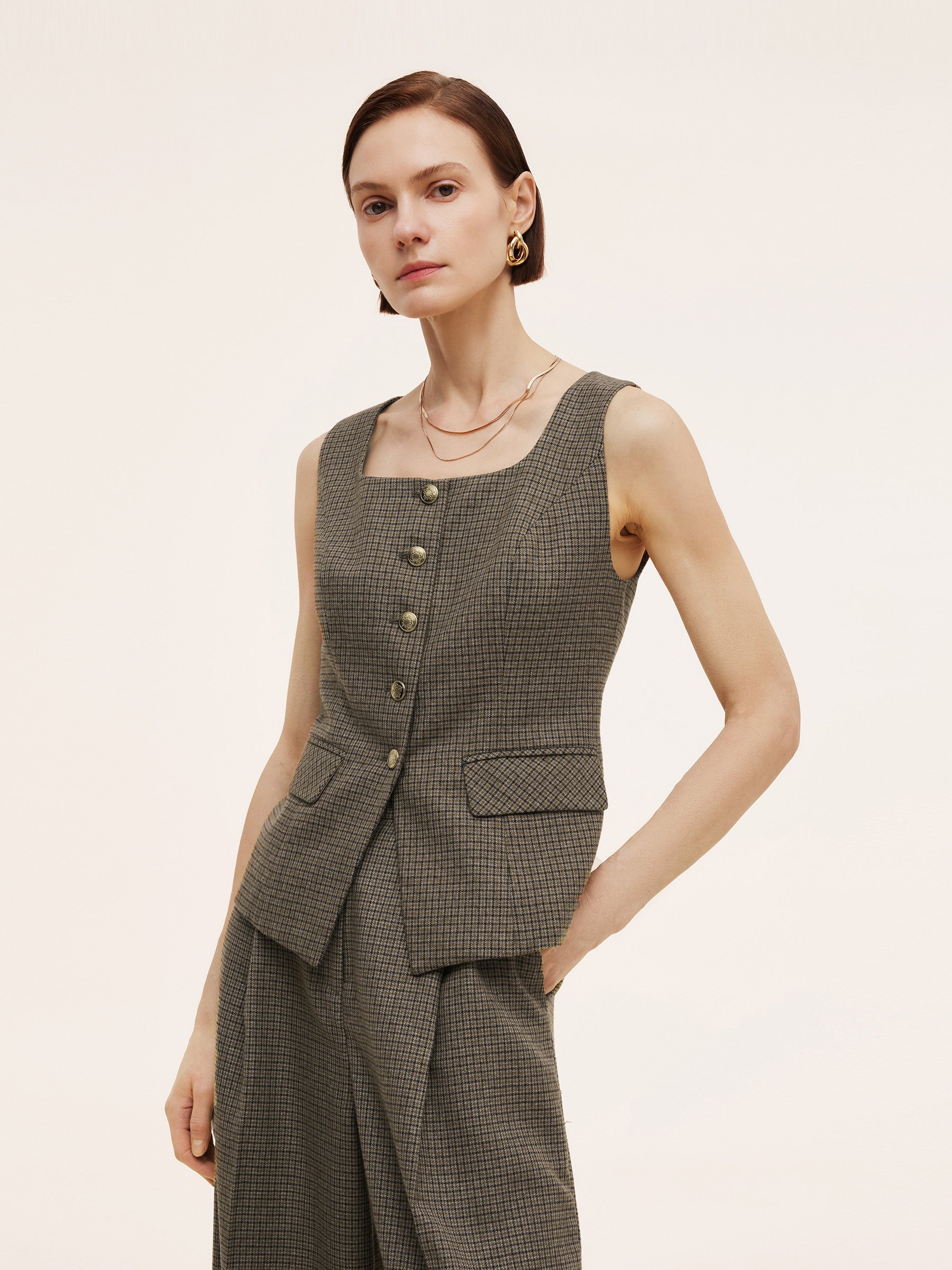 Plaid Square Neck Slim Fit Women Vest