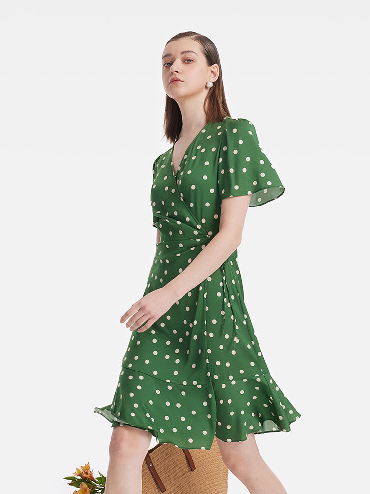 19 Momme Mulberry Silk Polka Dots Print Ruffle Women Mini Dress With Scrunchie
