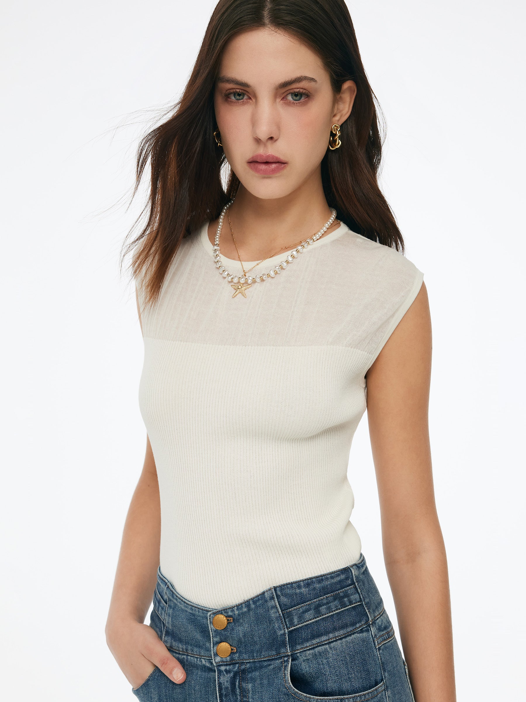 Round Neck Women Patchwork Knit Tank Top