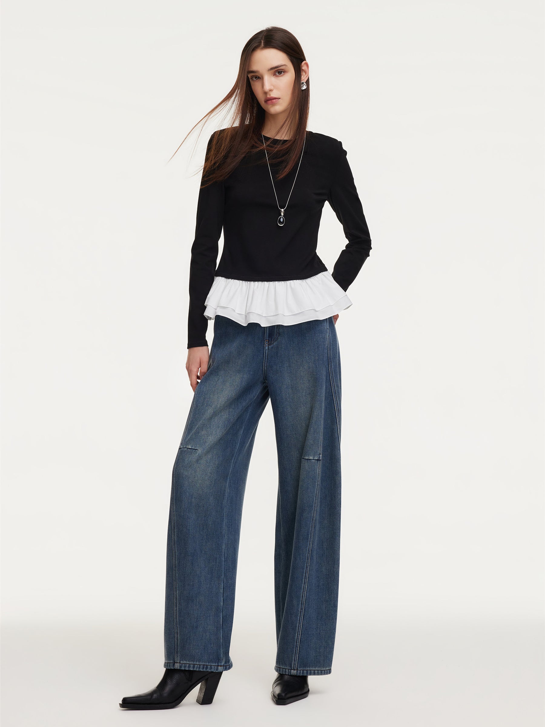 Ruffle Hem Long Sleeve Women Knit T-Shirt