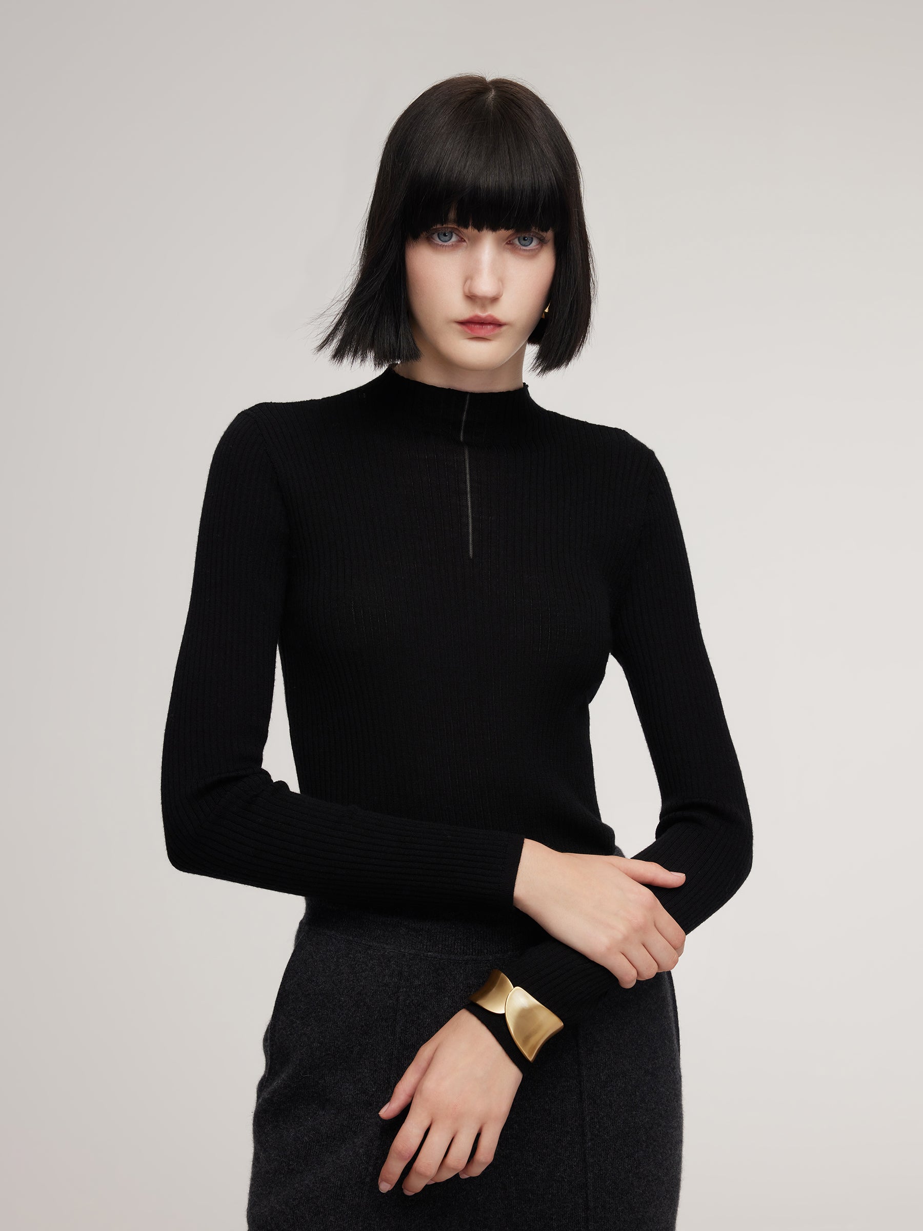 100% Washable Wool Mock Neck Women Knit Top