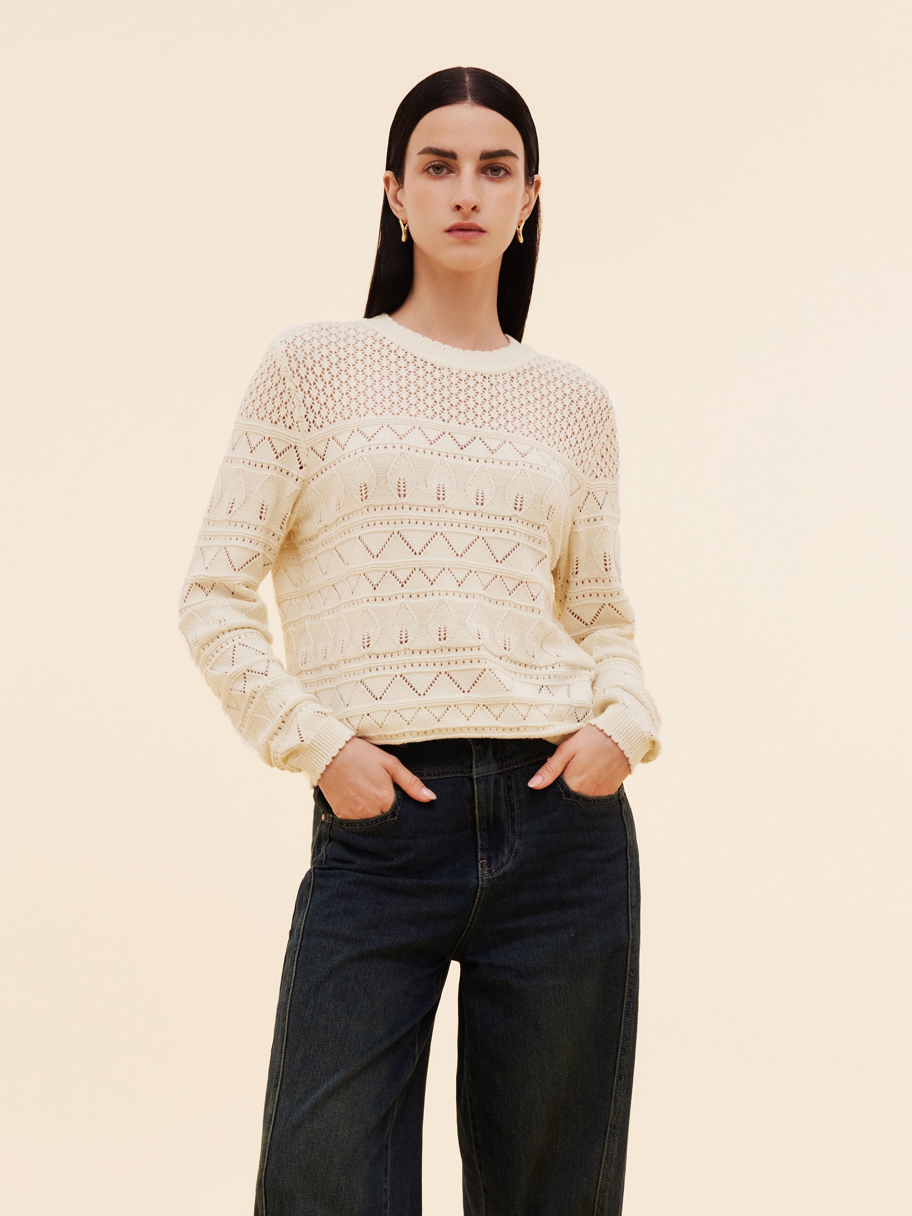 Cotton Sequins Women Open-Knit Top