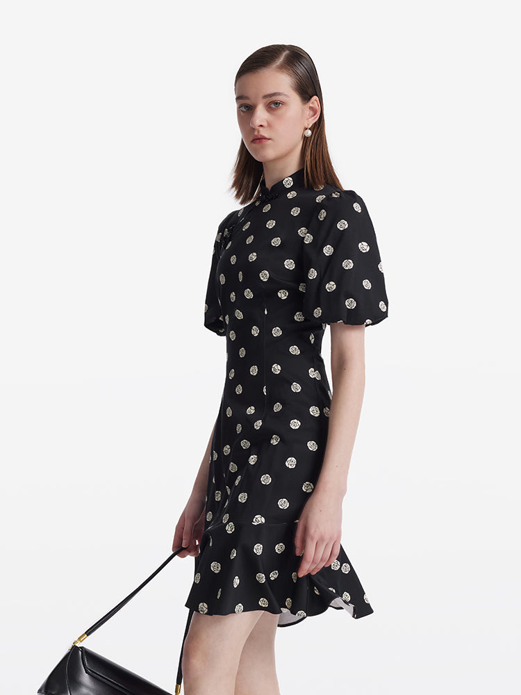 Rose Print Puff Sleeves Women Qipao Mini Dress