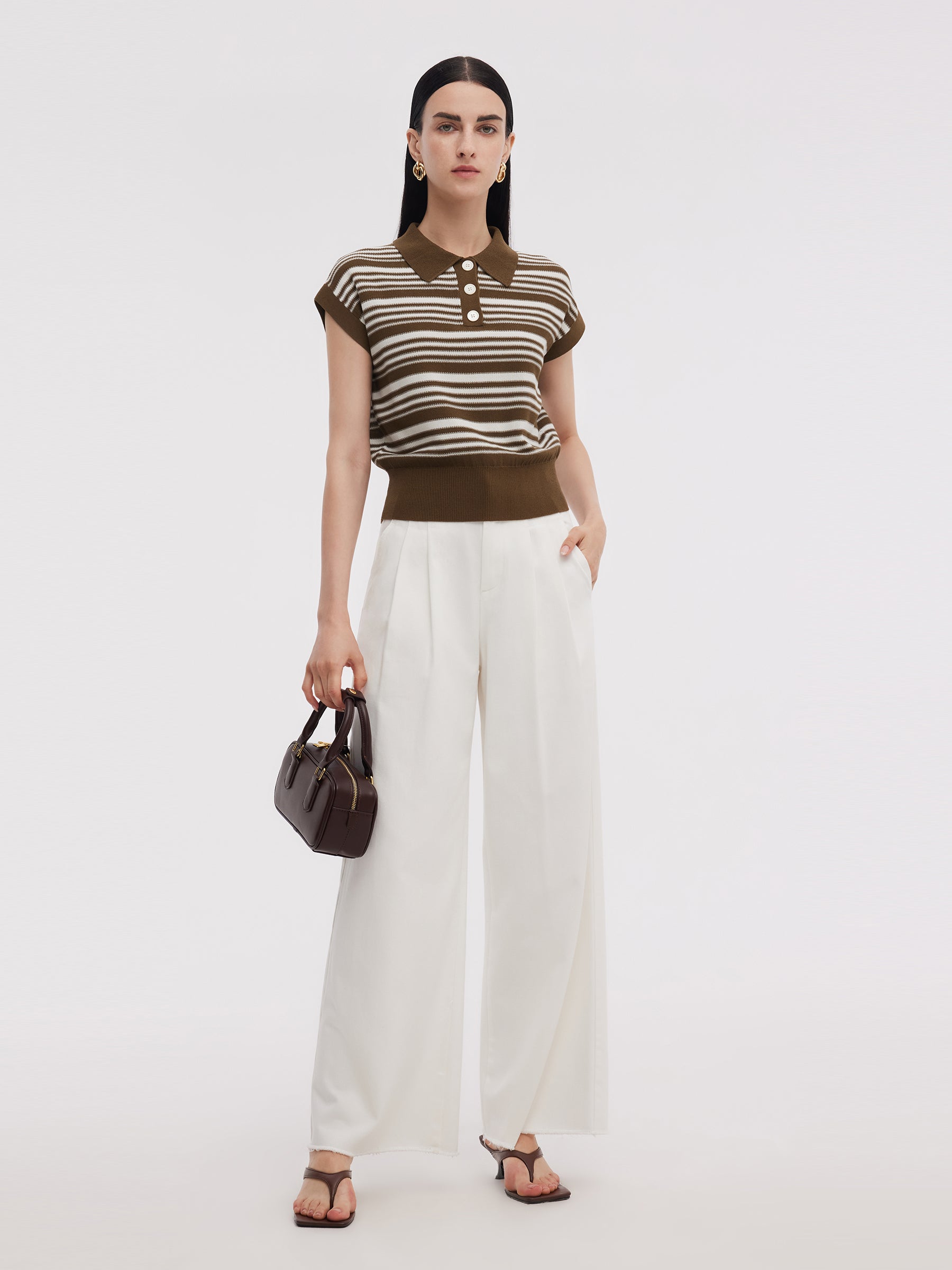 Tencel Blend Polo Collar Stripe Women Cap Sleeve Knit Tank Top