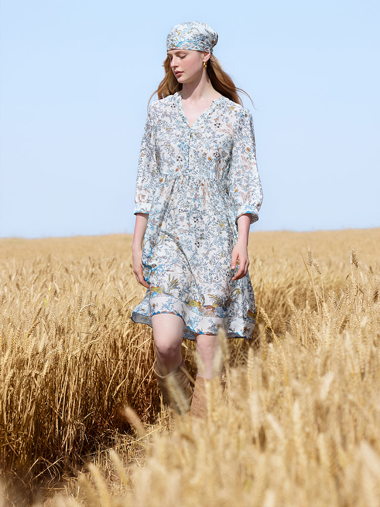 19 Momme Mulberry Silk Print Women Mini Dress With Scrunchie