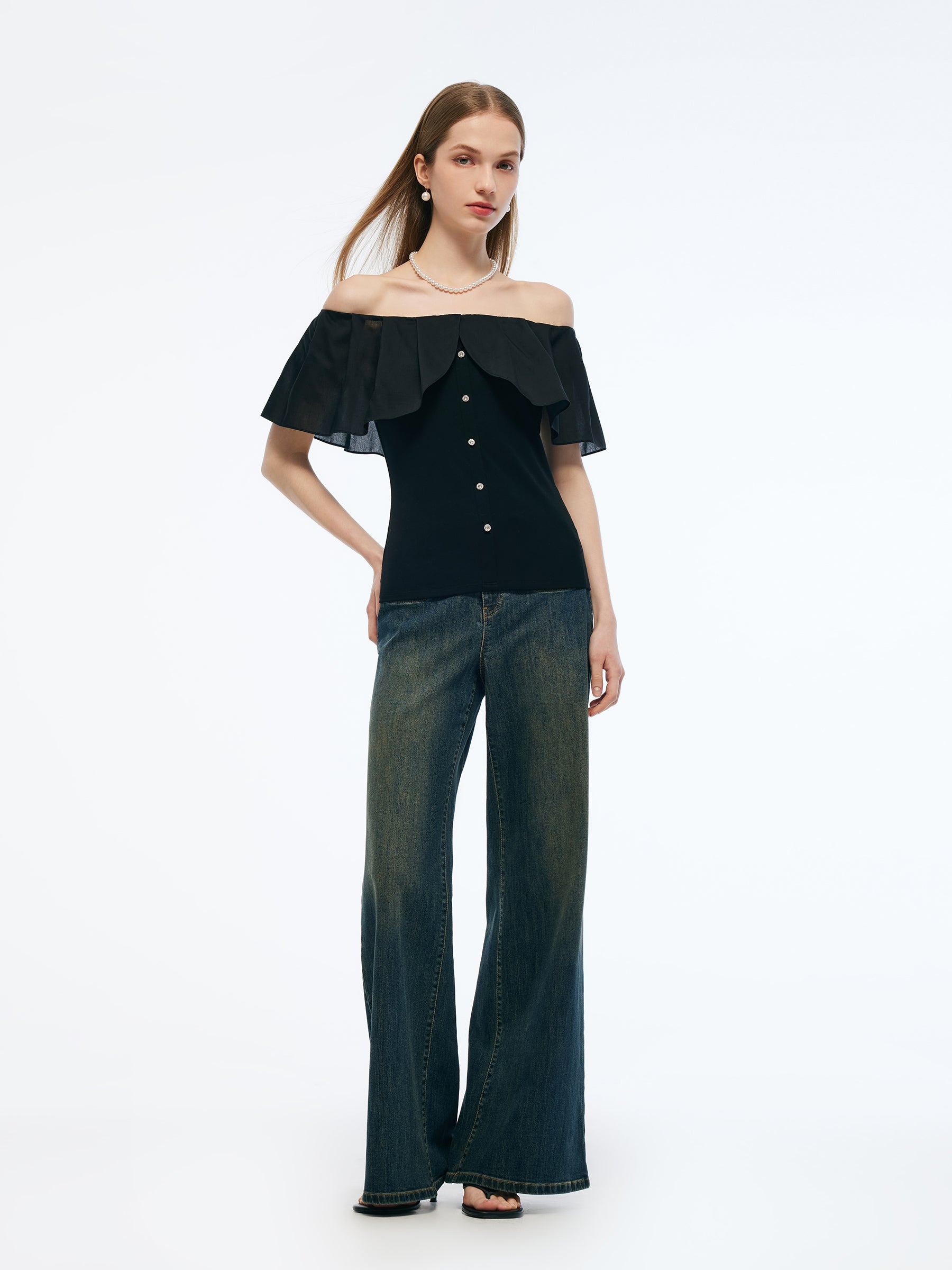 Tencel Blend Convertible Neckline Women Ruffled Top