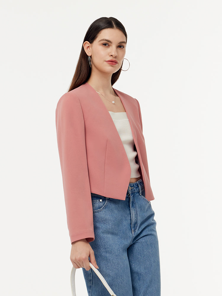 Acetate Collarless Women Crop Blazer