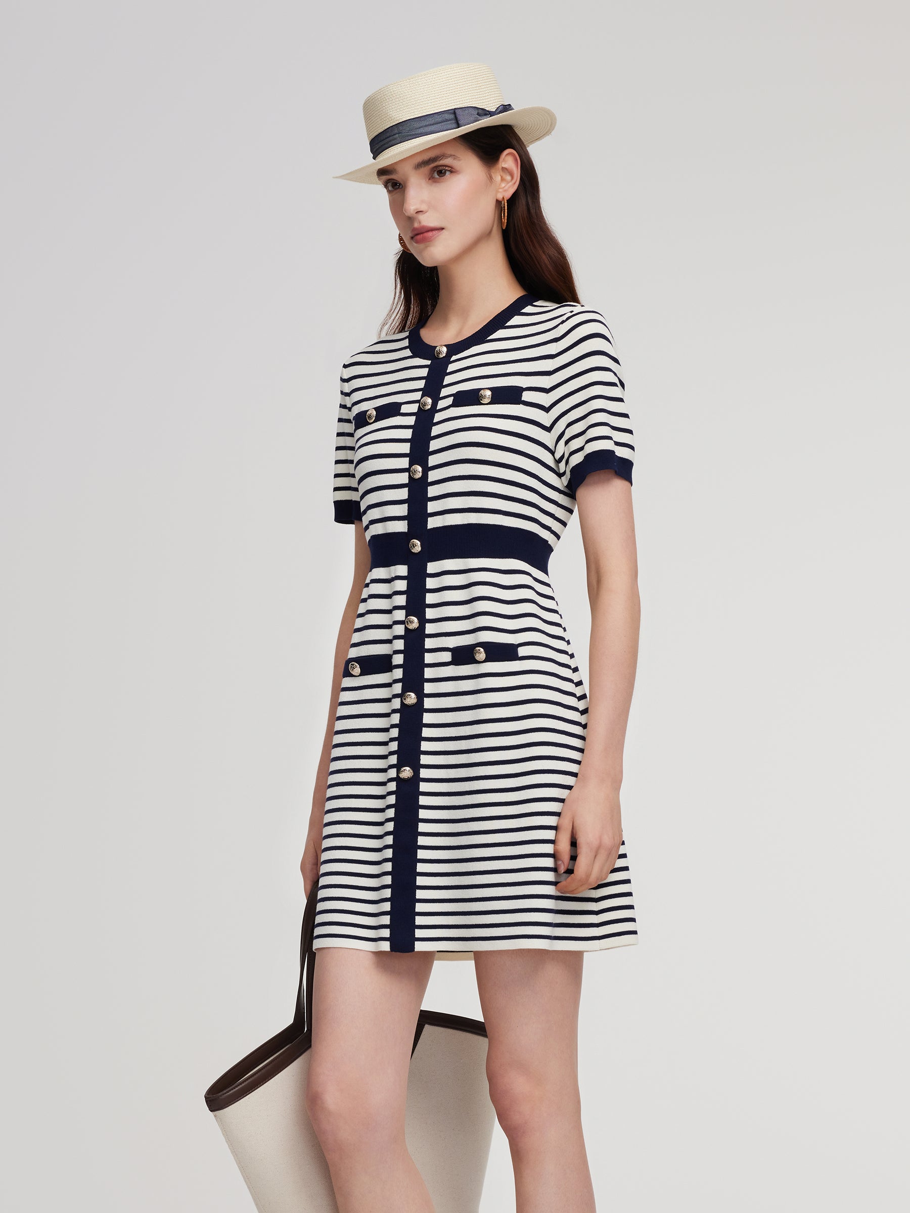 Lyocell Blend Stripe Gathered Waist Women Knit Mini Dress