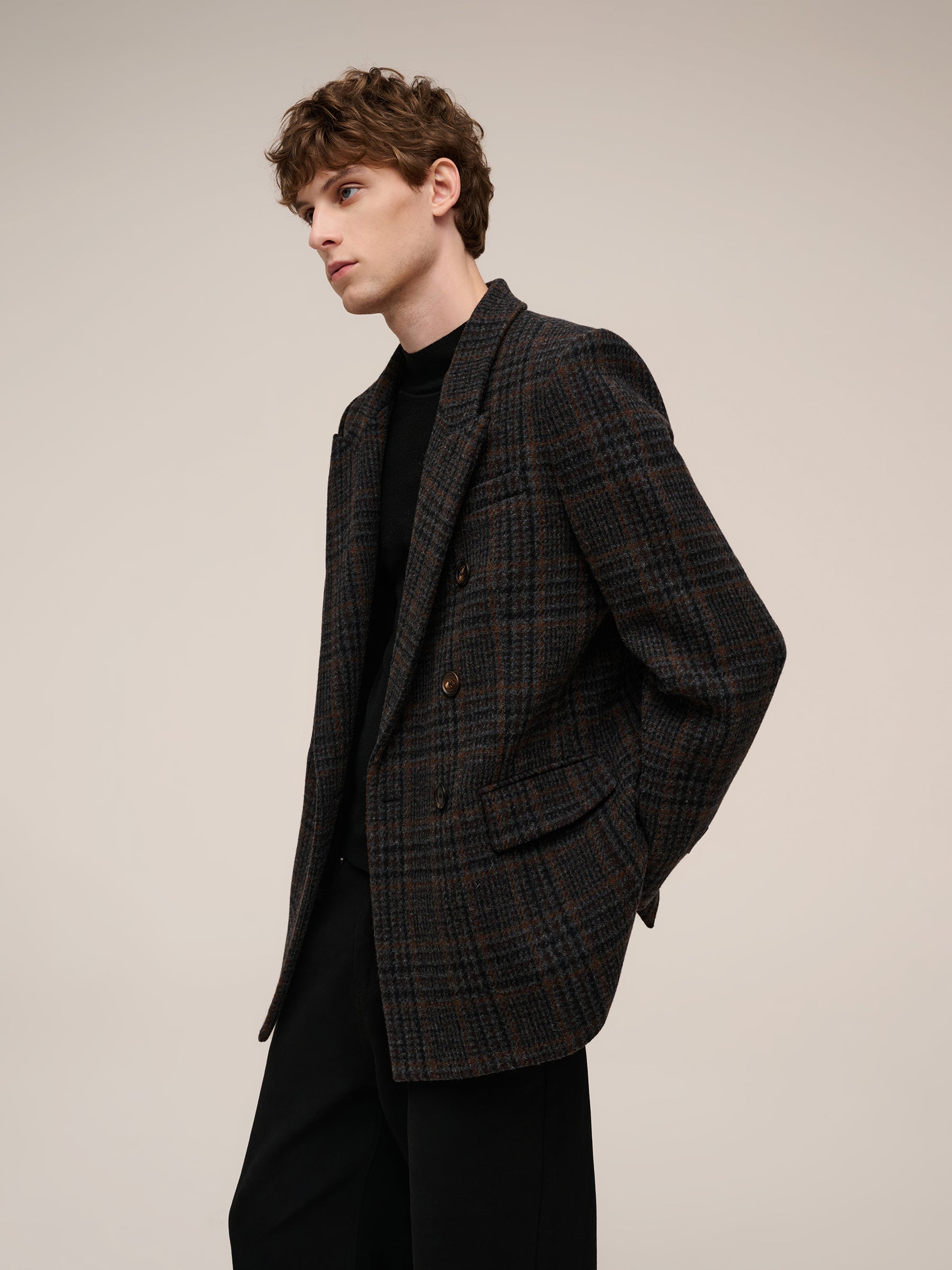 100% Wool Plaid Notched Collar Unisex Blazer