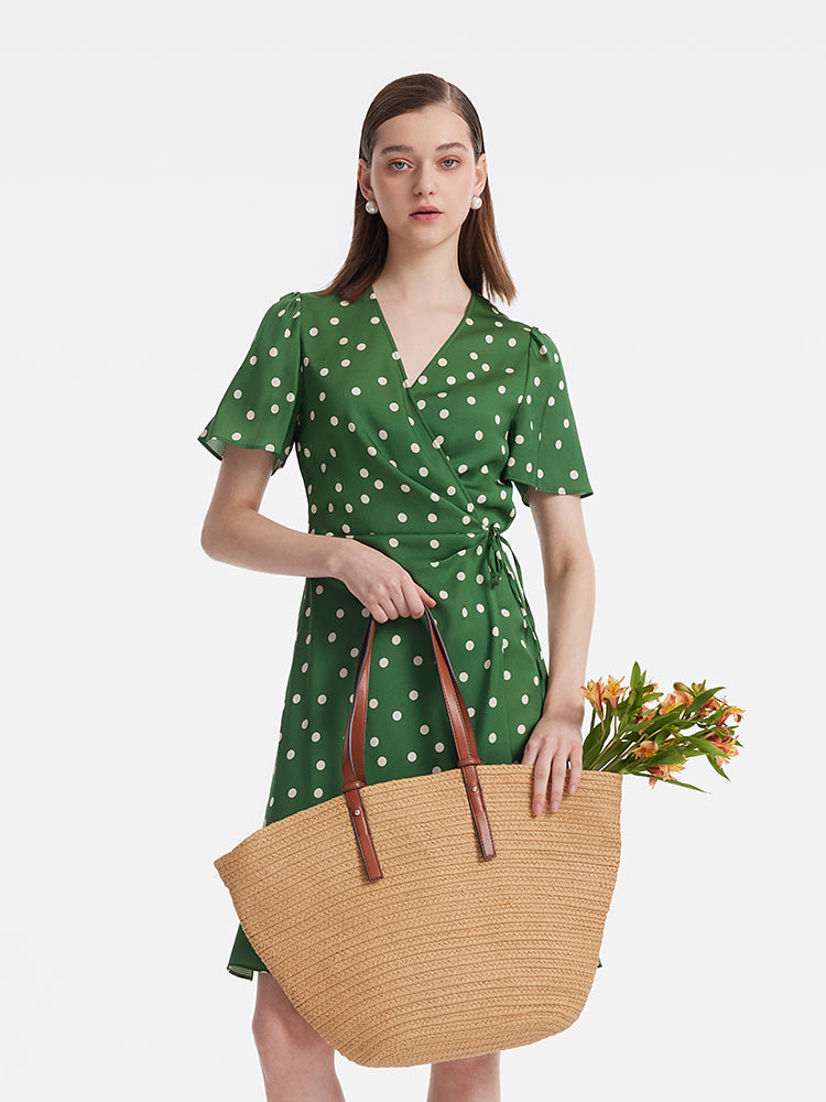 19 Momme Mulberry Silk Polka Dots Print Ruffle Women Mini Dress With Scrunchie