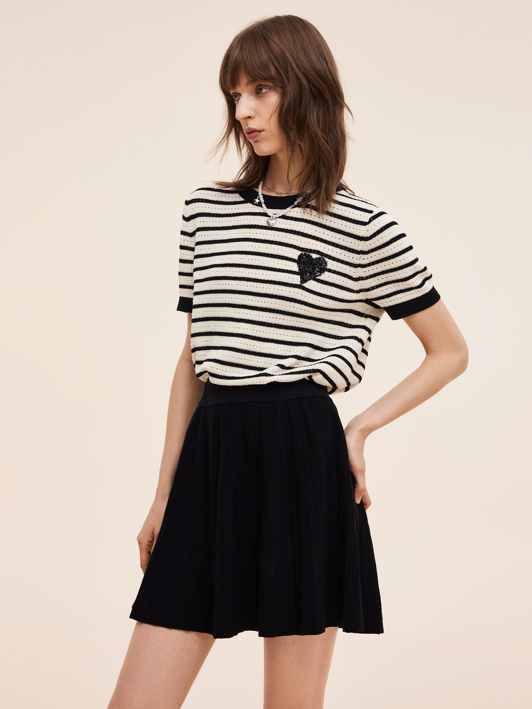 100% Cotton Stripe Women Openwork Knit T-Shirt