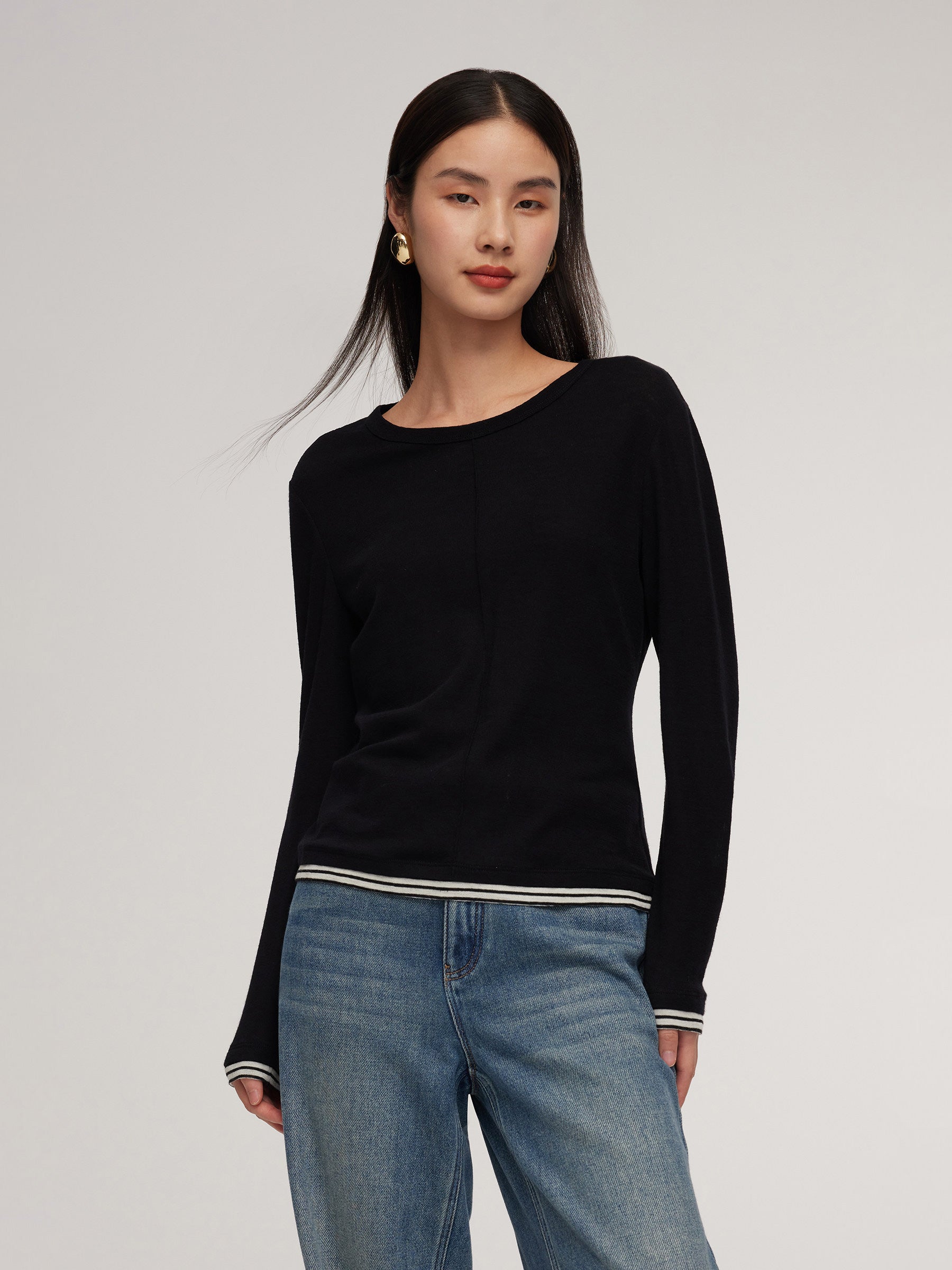 100% Wool Faux Two-Piece Women Knit Top