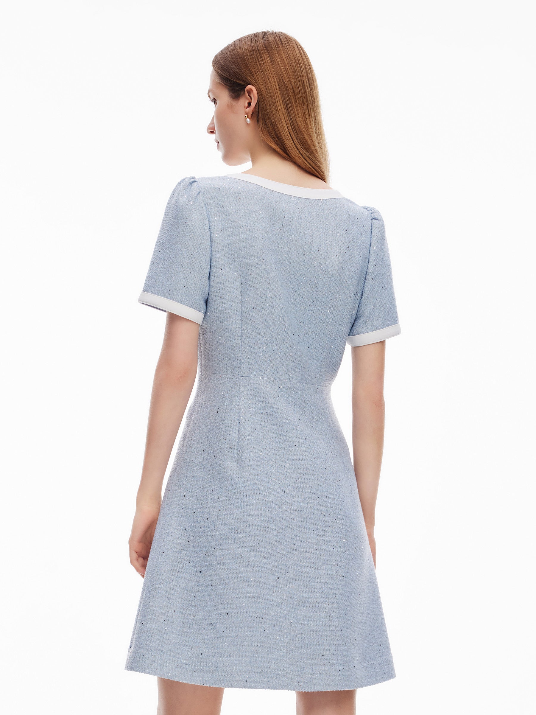 Acetate Blend Sequins Tweed Contrast Trim Women Mini Dress