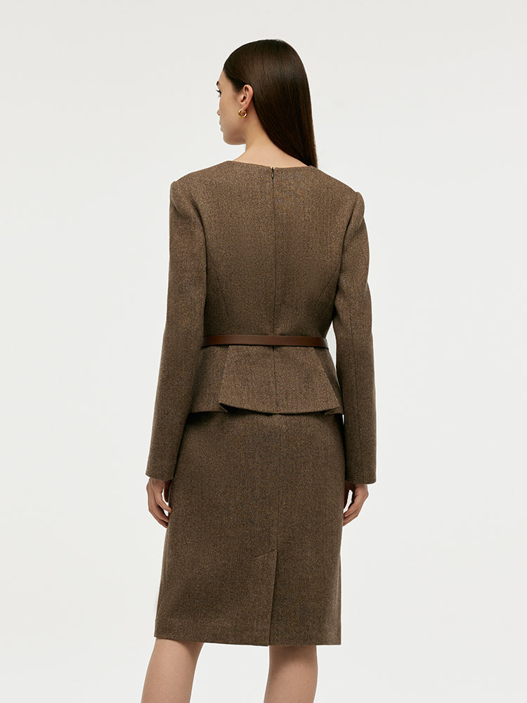 Washable Wool Faux Two-Piece Women Mini Dress With Belt