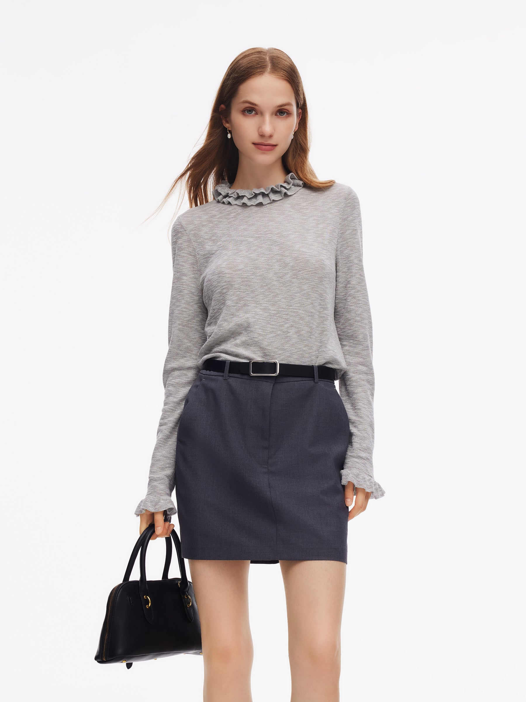 Ruffle Neckline Women Knit Top