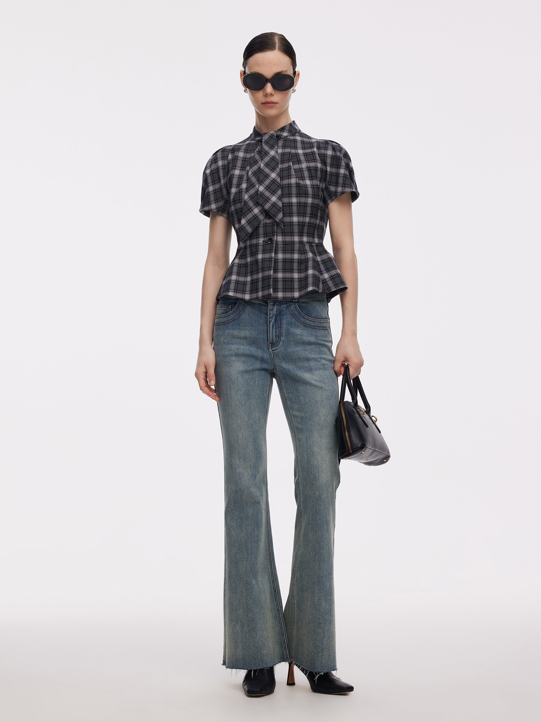 Plaid Ribbon Tie Women Flare Hem Top