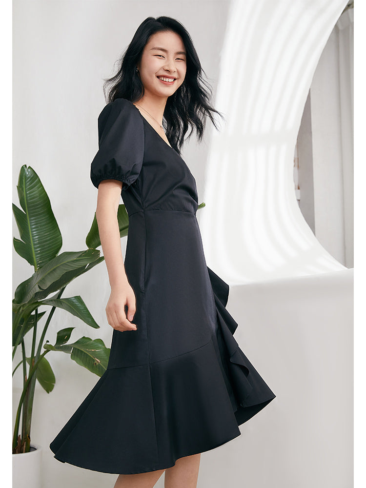 V-Neck Ruffle Cotton Midi Dress