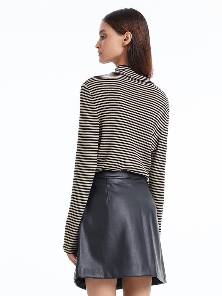Woolen Stripe Mock Neck Women Sweater