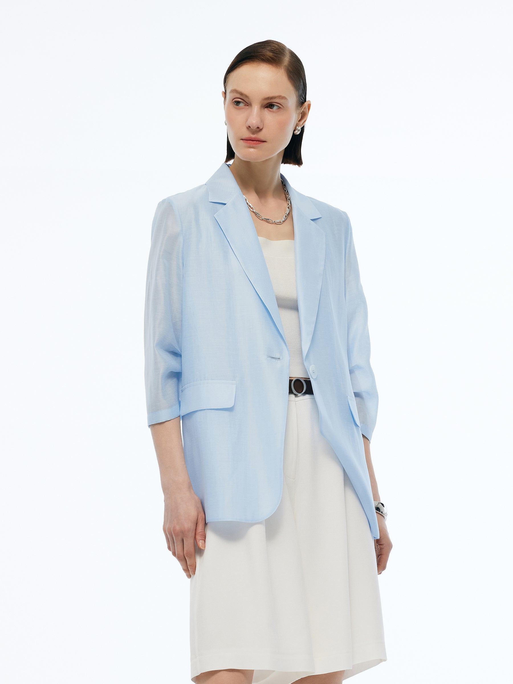 Tencel Linen Blend 3/4 Sleeves Women Blazer