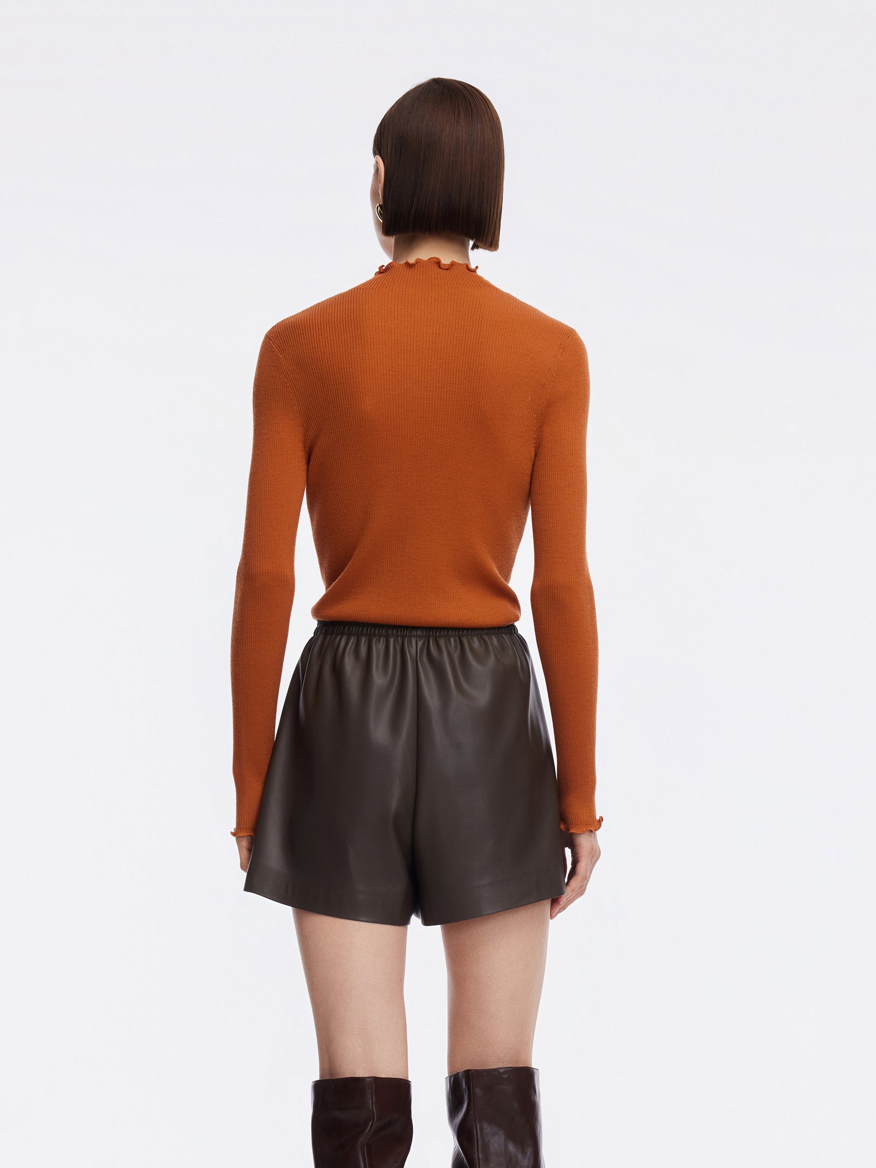 100% Machine Washable Wool Ruffle Mock Neck Women Knit Top