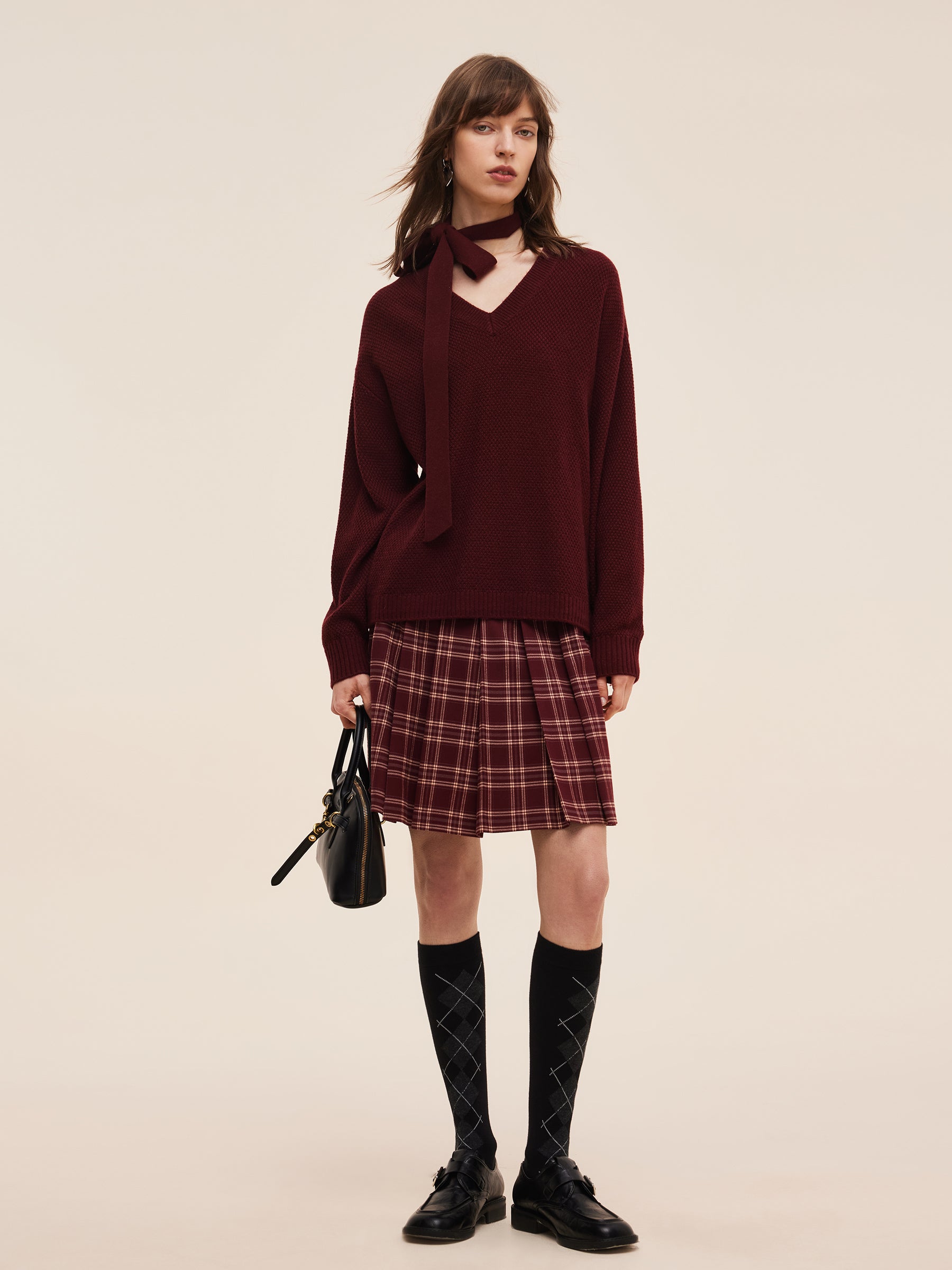 Wool Blend Women V-Neck Knit Top With Ribbon