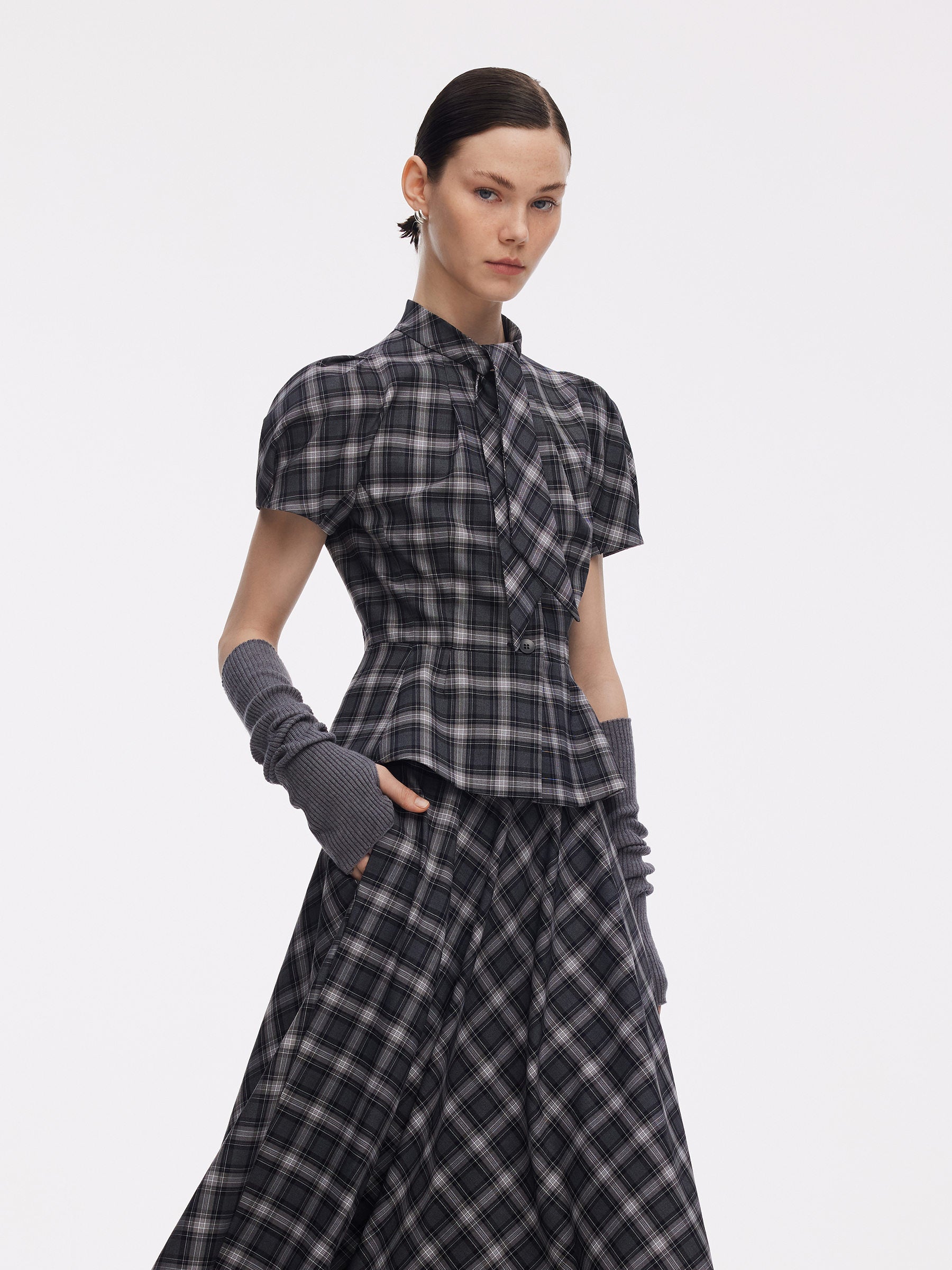 Plaid Ribbon Tie Women Flare Hem Top