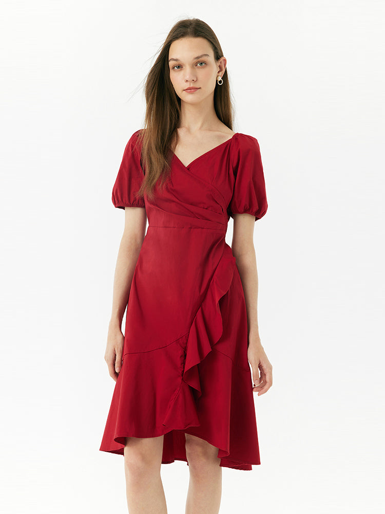 V-Neck Ruffle Cotton Midi Dress