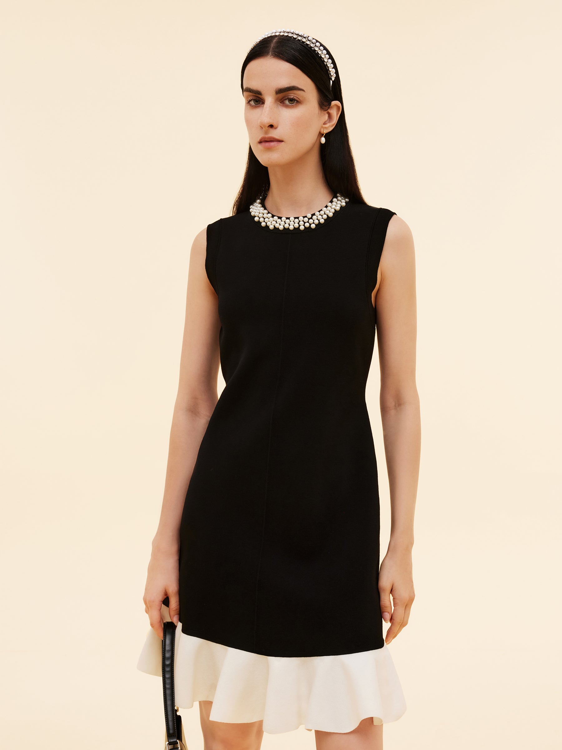 Tencel Blend Beaded Neck Women Sleeveless Knit Mini Dress