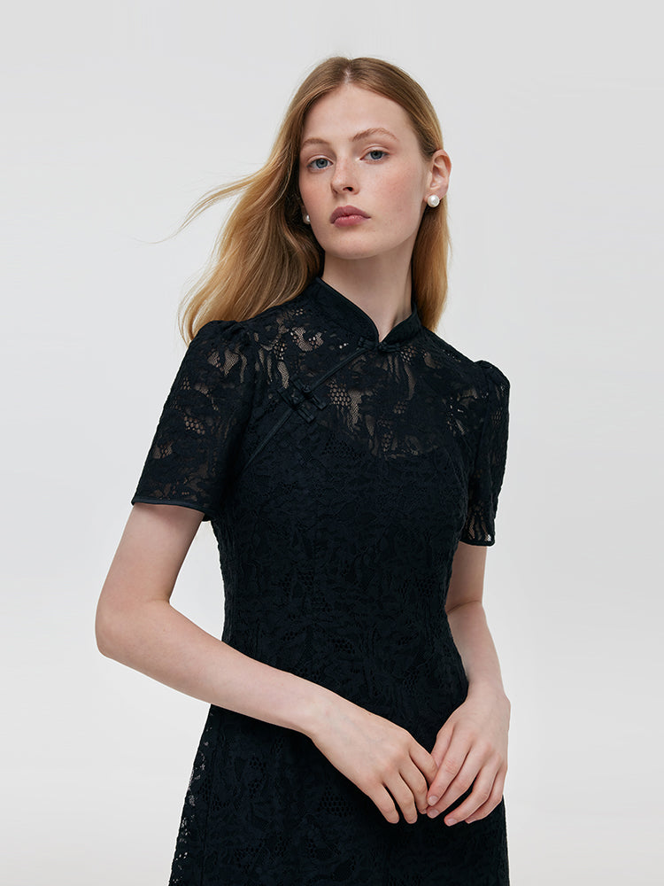 Lace Openwork Women Qipao Mini Dress