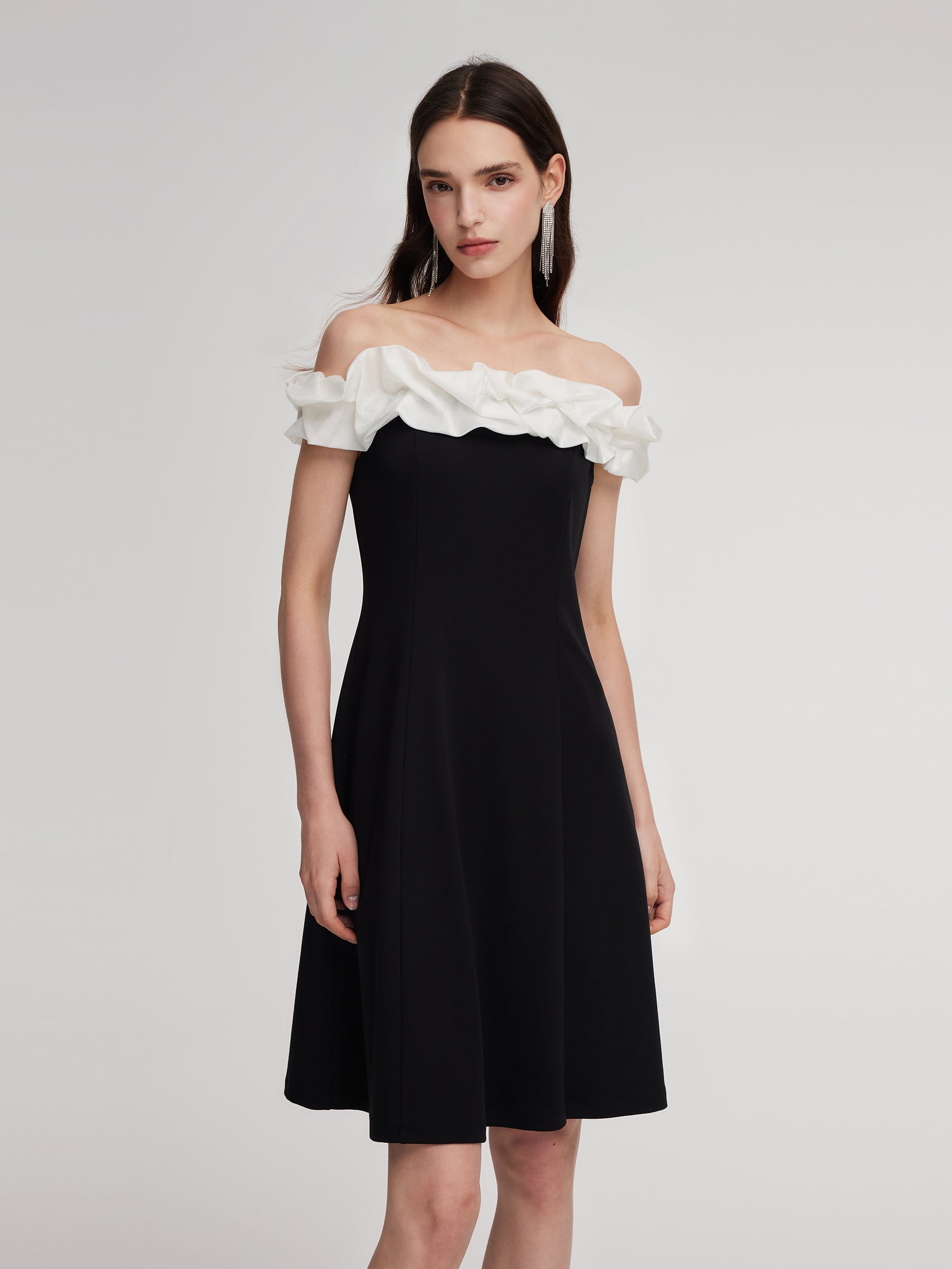 Color Block Ruffle Women Knit Mini Dress With Detachable Straps