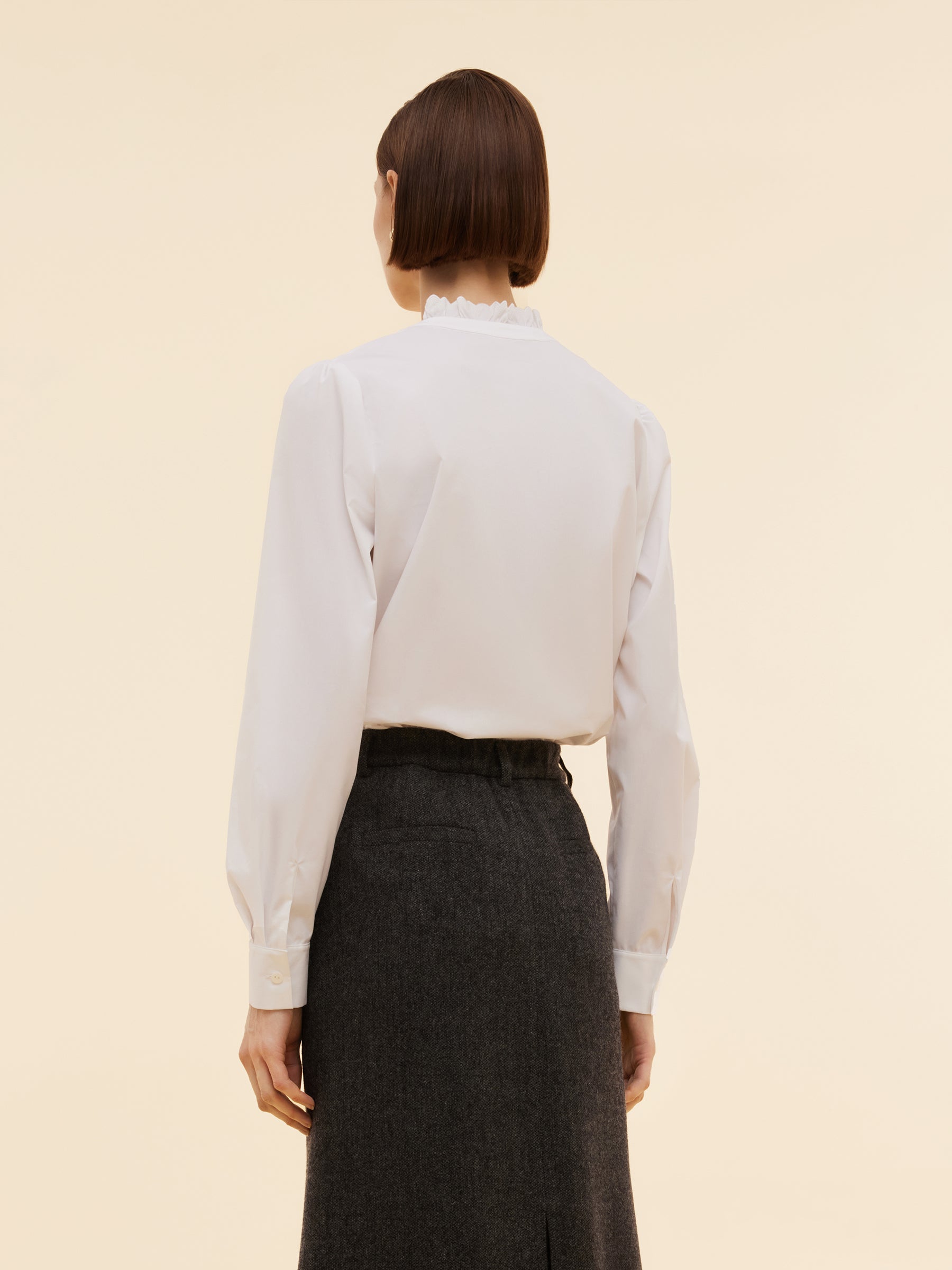 Ruffle Collar Embroidered Placket Women Shirt