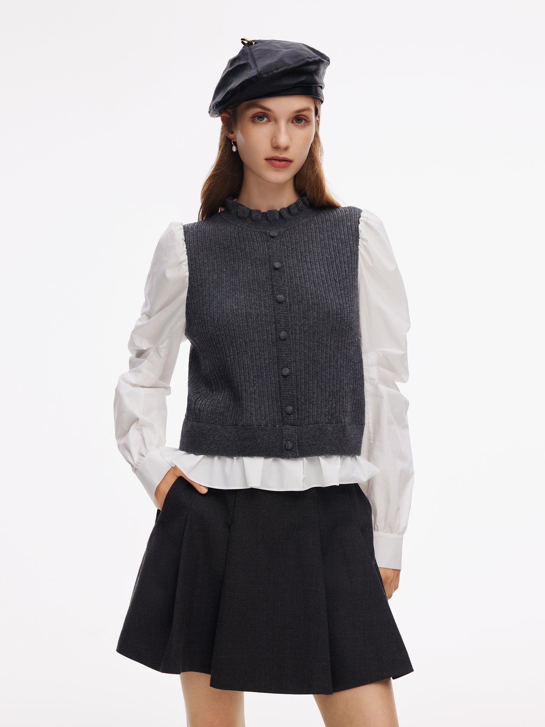 Wool Blend Faux Two-Piece Women Blouse