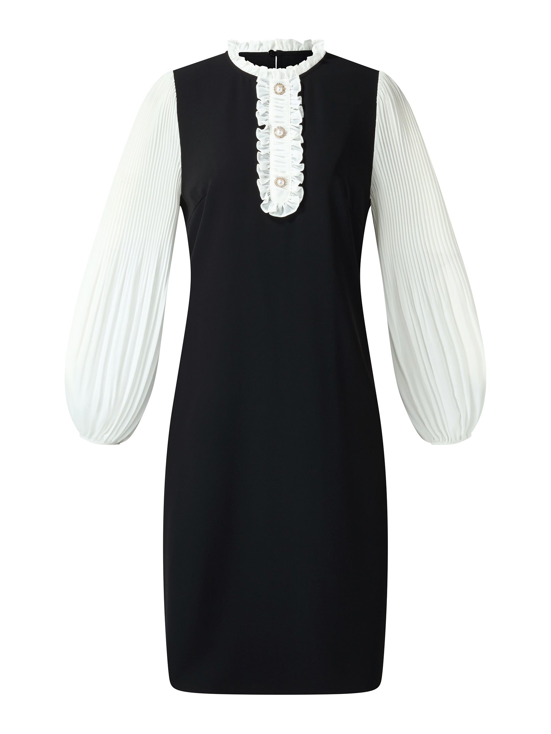 Patchwork Ruffle Collar Pleated Sleeve Women Mini Dress