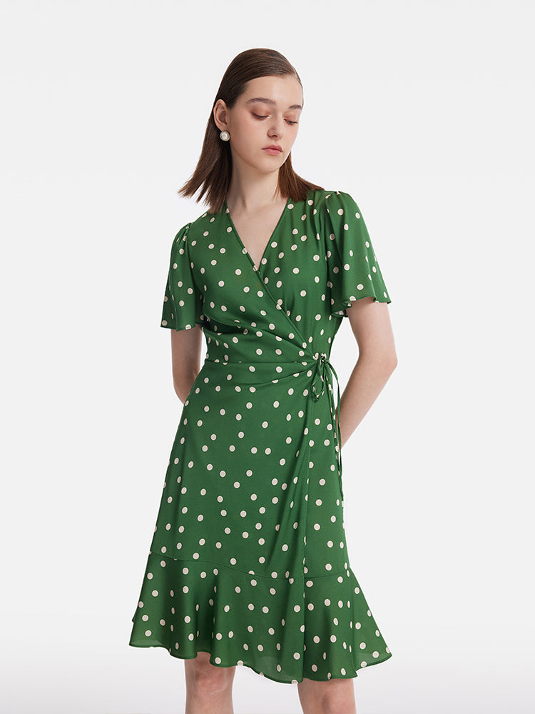 19 Momme Mulberry Silk Polka Dots Print Ruffle Women Mini Dress With Scrunchie