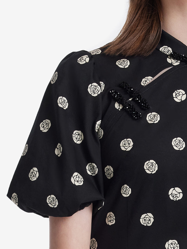 Rose Print Puff Sleeves Women Qipao Mini Dress