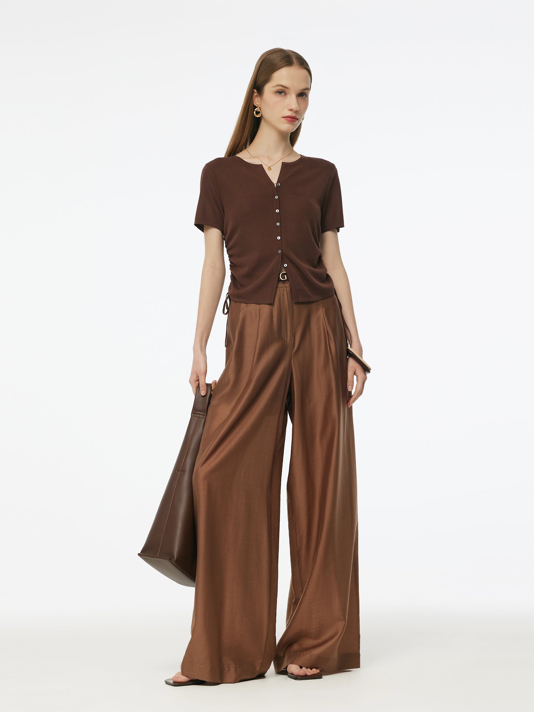 Acetate Tencel Blend Side Drawstring Women Knit Top