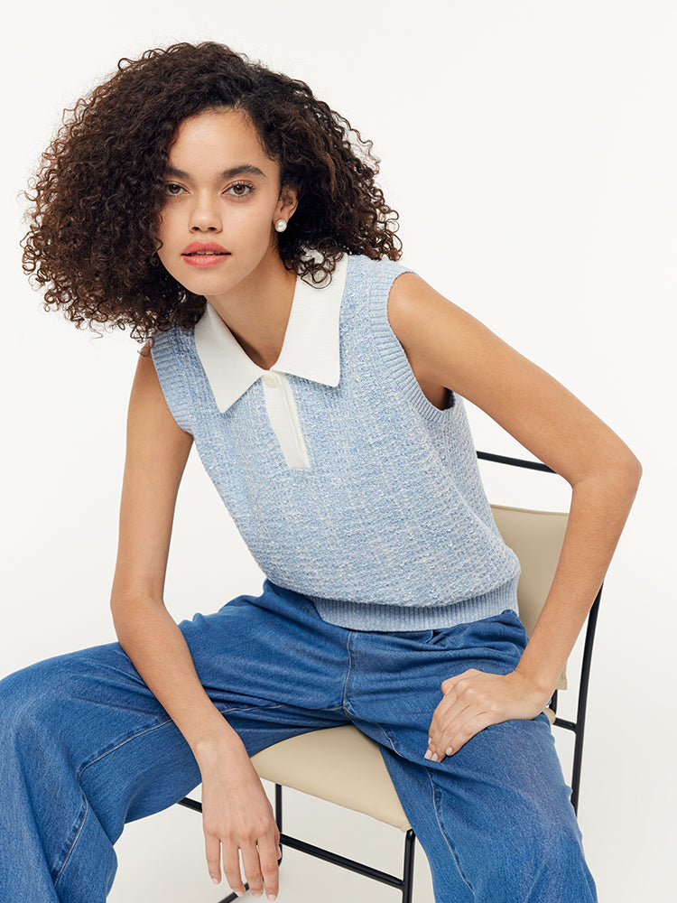 Contrast Collar Women Knit Polo Tank Top