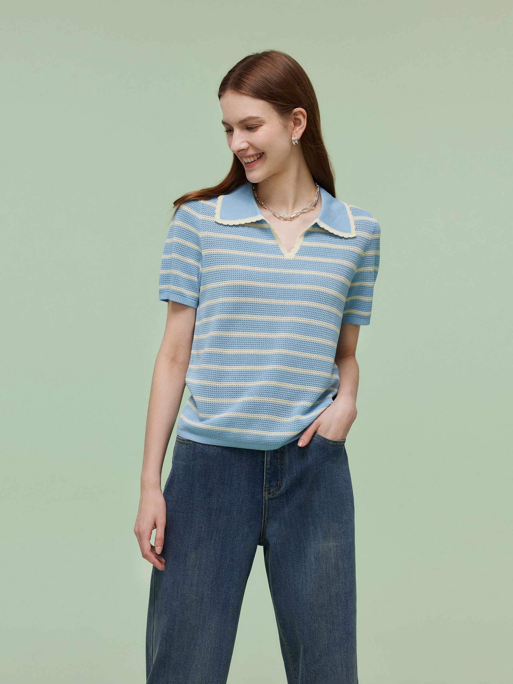 Tencel Blend Stripe Women Knit Top