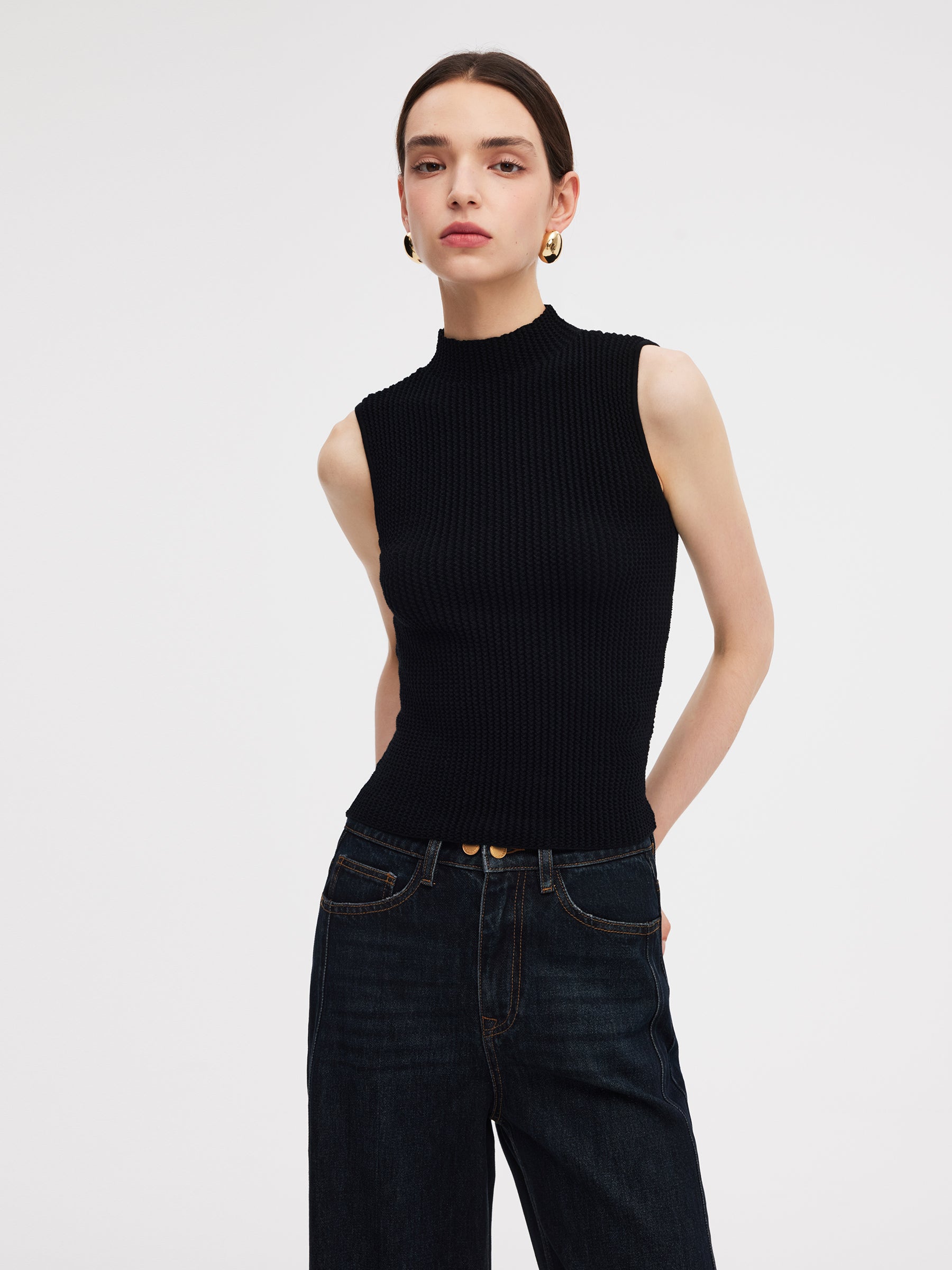 100% Machine Washable Wool Mock Neck Women Knit Tank Top