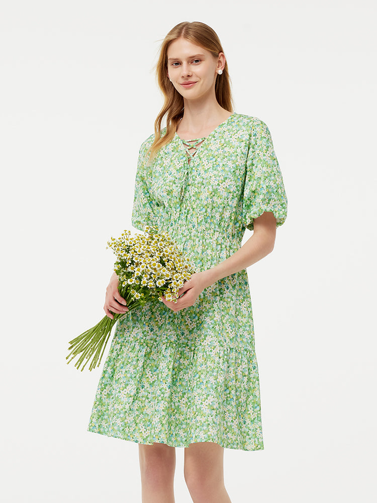 Cotton Floral Print Drawstring Front Women Mini Dress With Hairband