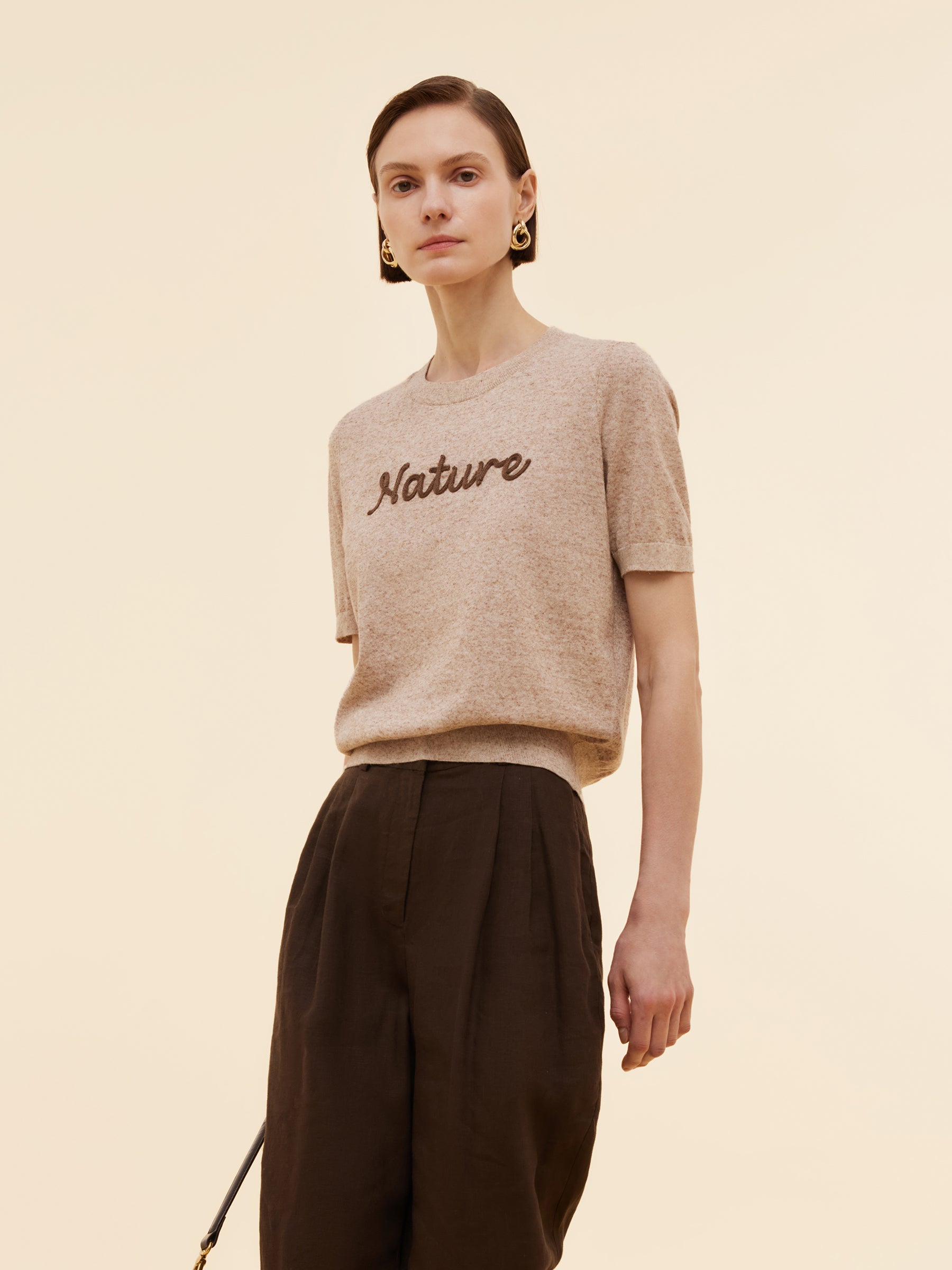 Linen Blend Letter Embroidered Women Knit Top