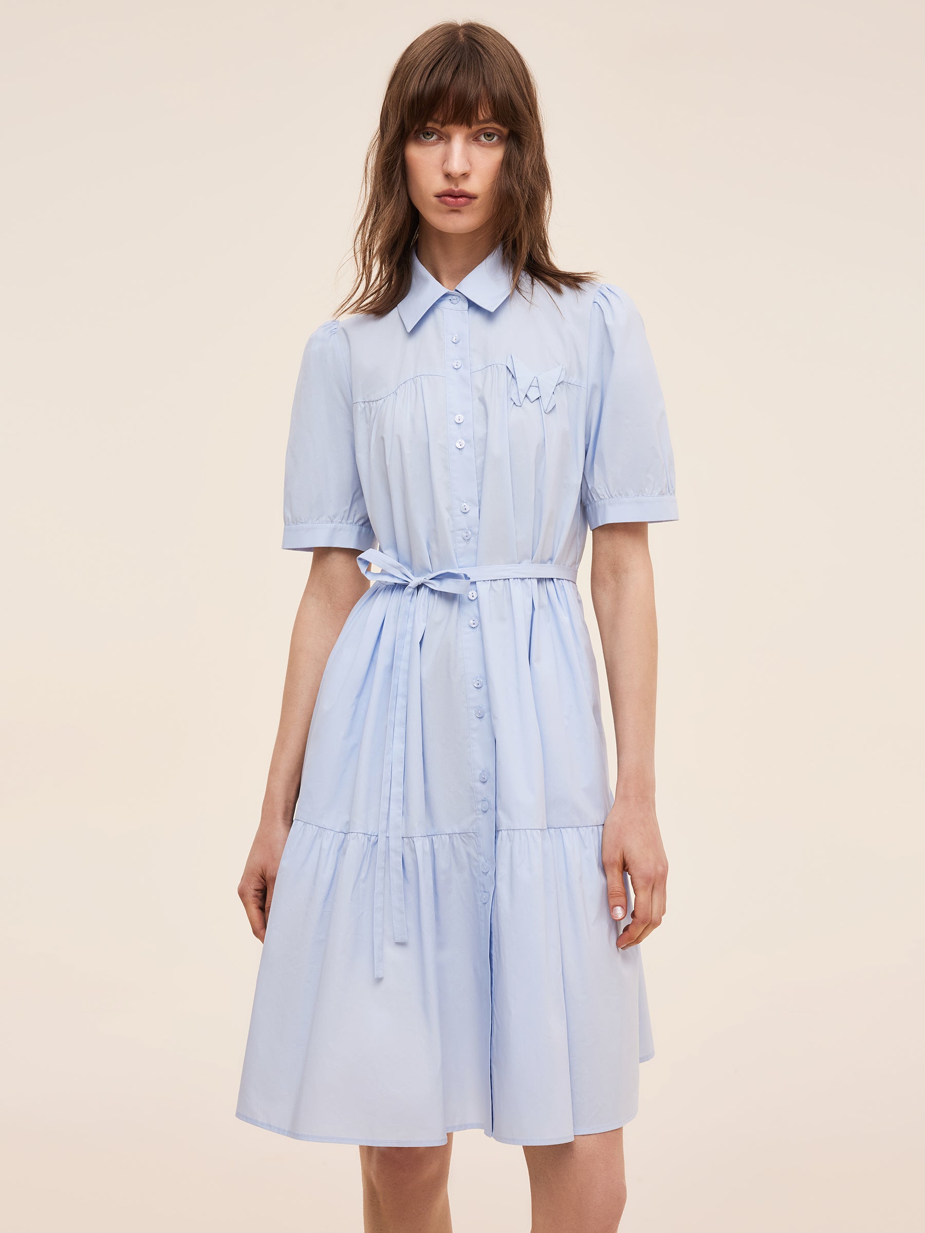 100% Cotton Women Puff Sleeve Mini Dress With Ribbon