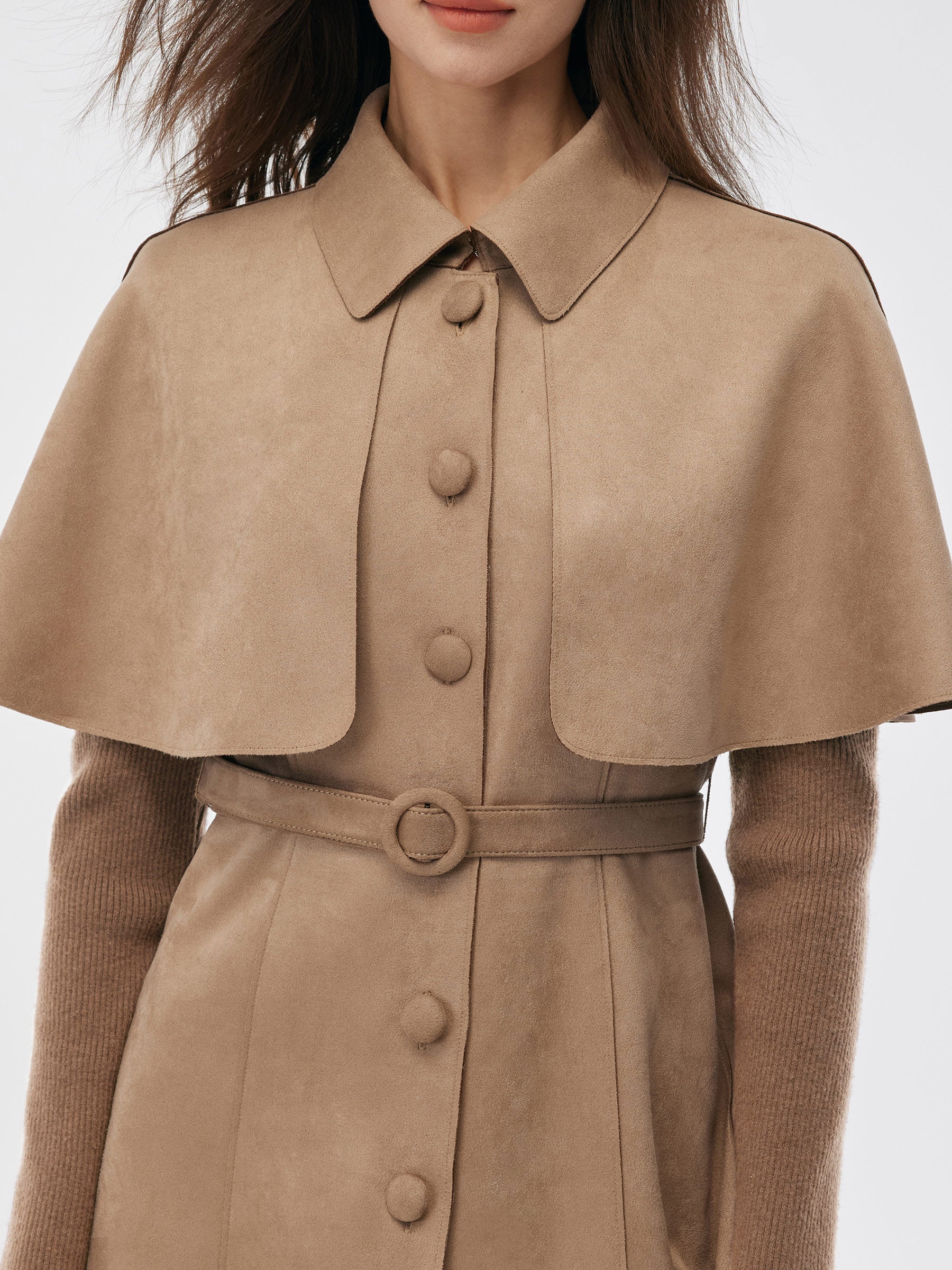 Faux Suede Patchwork Mini Dress With Detachable Short Cape And Belt