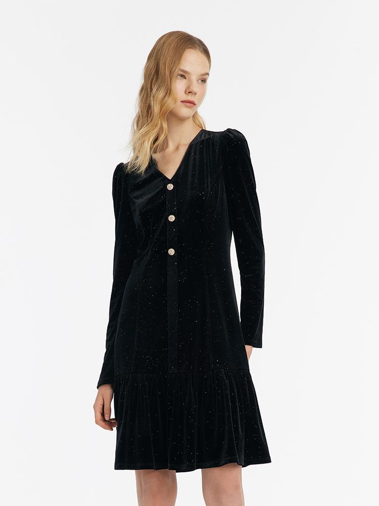 Velvet V-Neck Women Dress With Chain Belt