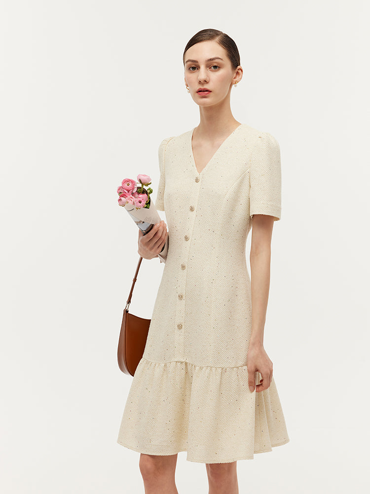 Tweed Sequins V-Neck Ruffle Hem Women Mini Dress