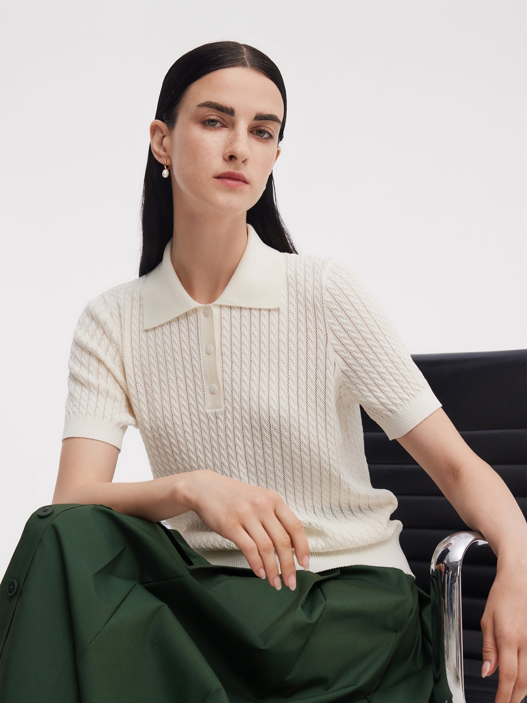 Tencel Blend Openwork Women Knit Polo Top