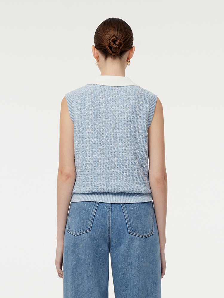 Contrast Collar Women Knit Polo Tank Top