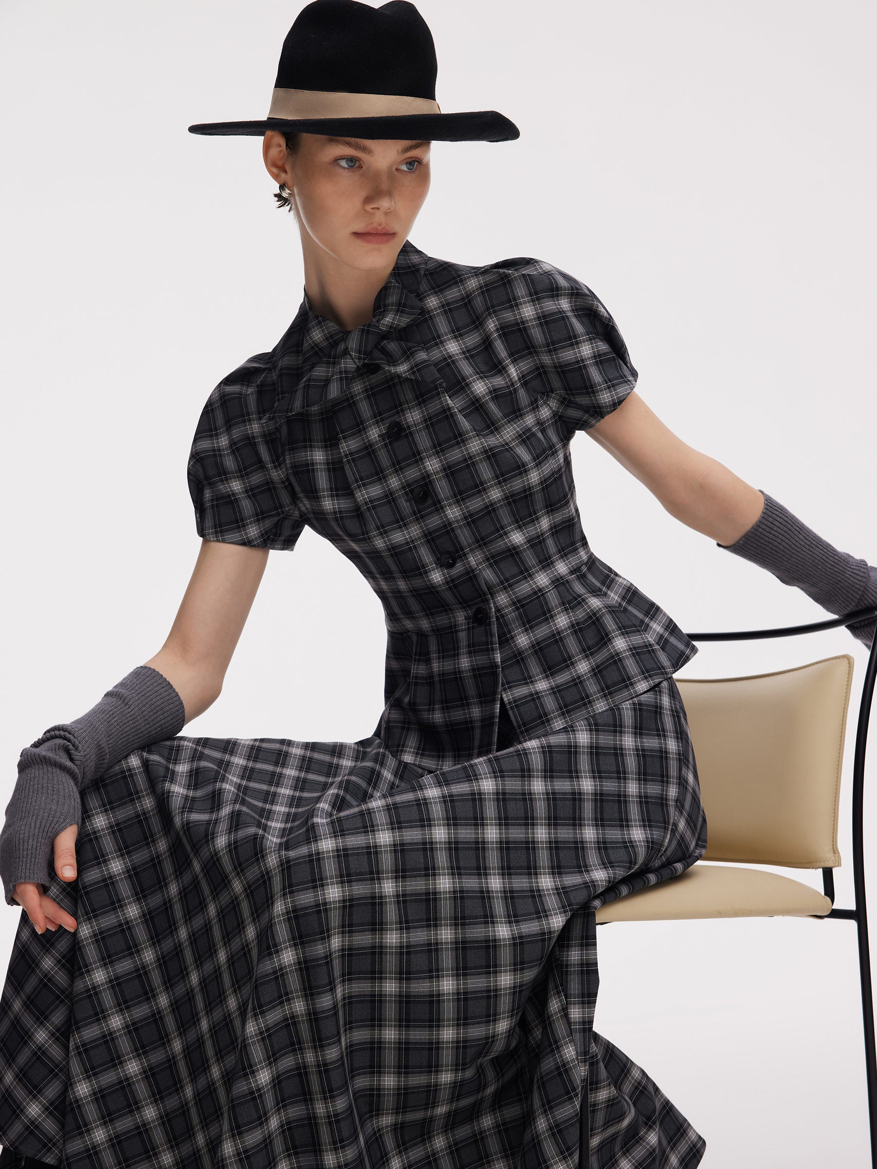 Plaid Ribbon Tie Women Flare Hem Top