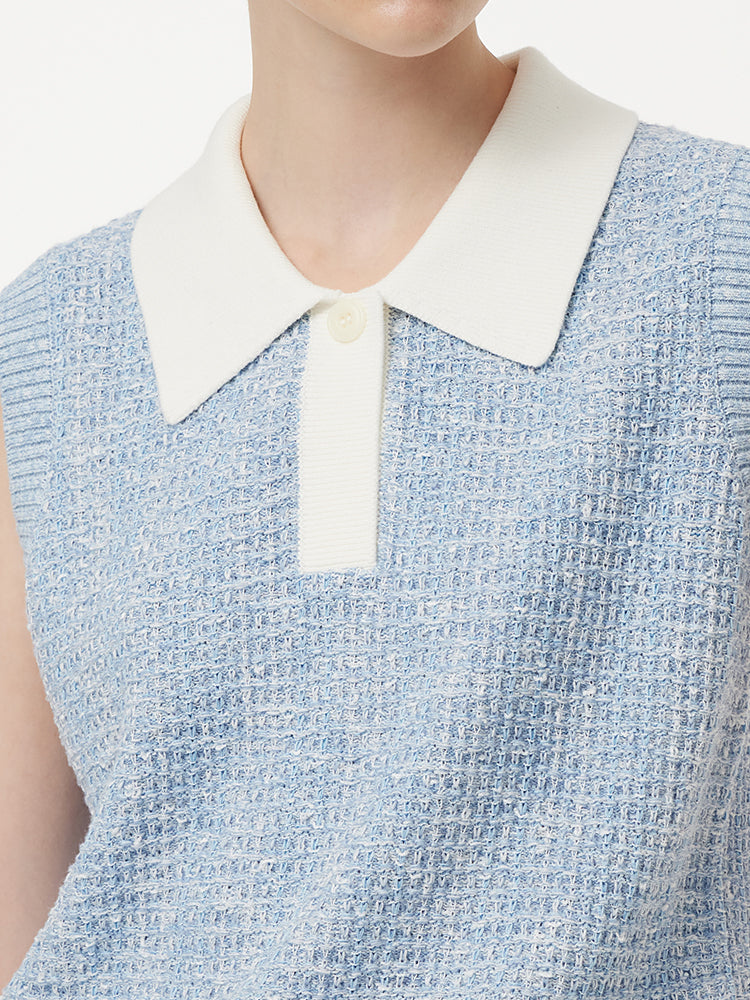 Contrast Collar Women Knit Polo Tank Top